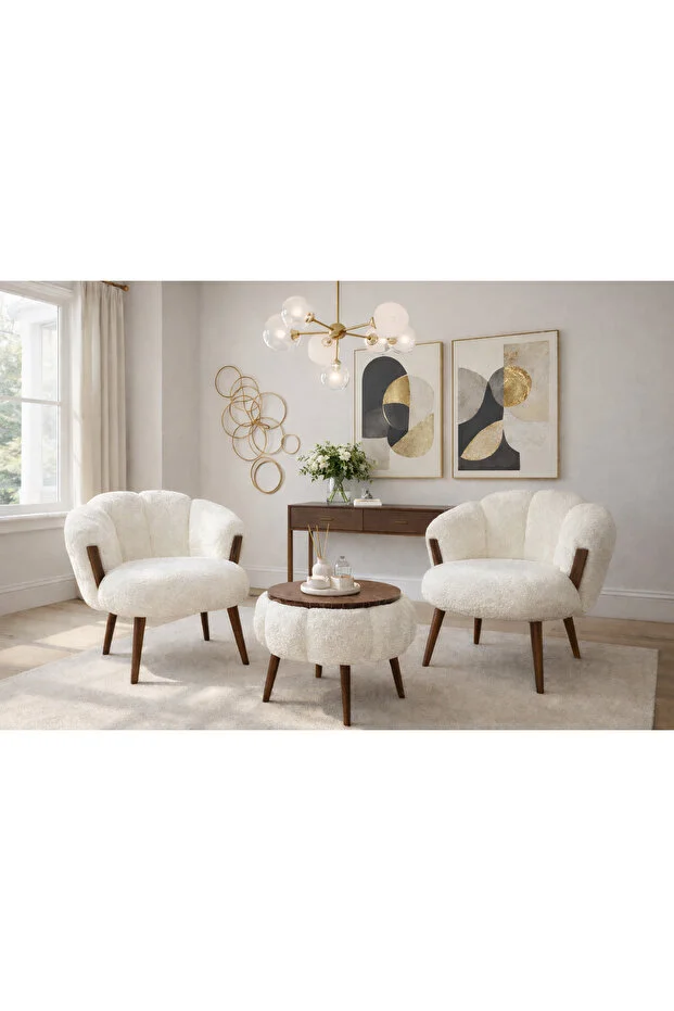 STAR CEVİZ Kırık Beyaz 2 Adet Papatya Berjer + 1 Adet Sehpa (5 PARÇA DEKORASYON SETİ HEDİYELİ)